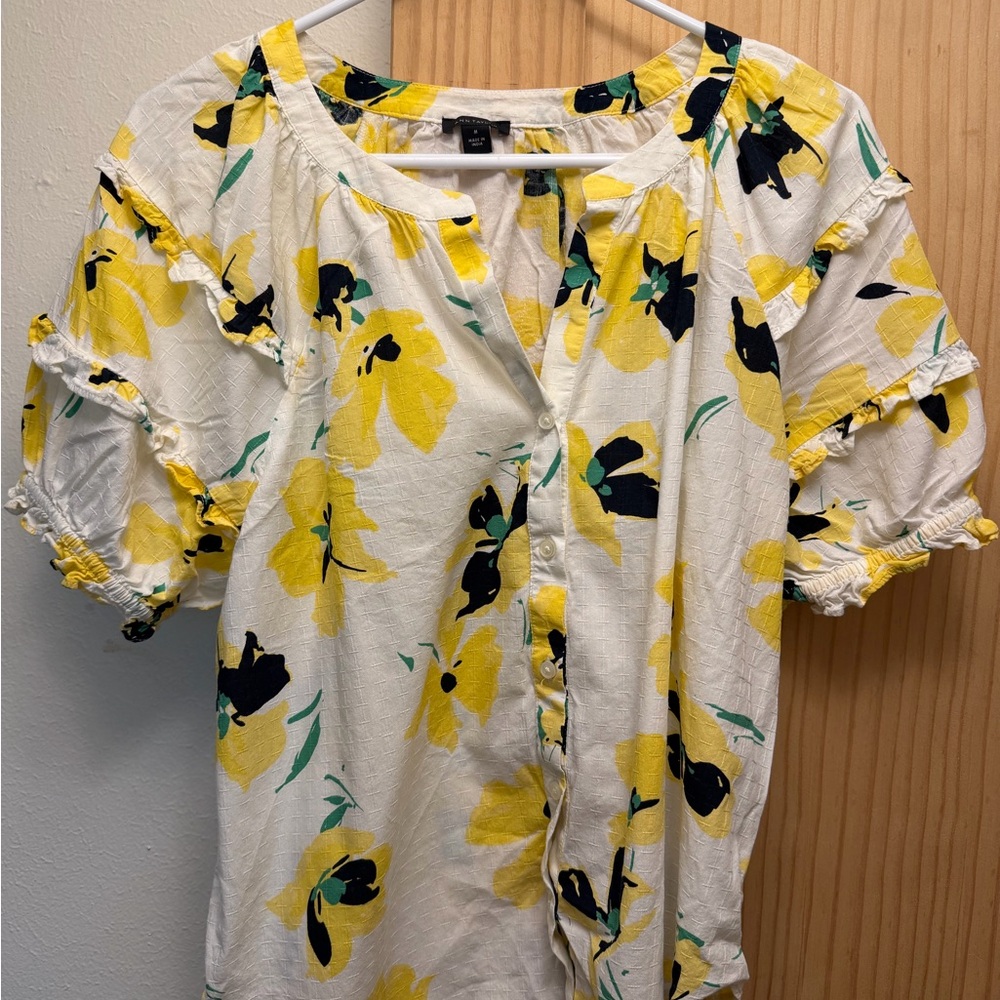Ann Taylor White Floral Button-Front Blouse with Yellow and Black Accents